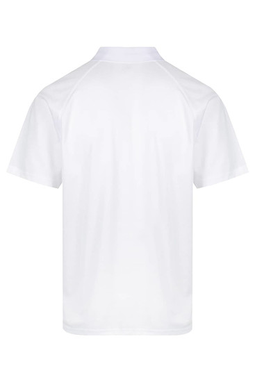 A white polo shirt with a modern cut and a logo on the back. Suitable for casual or semi-formal occasions.