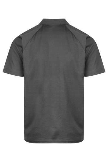 A grey men's polo shirt featuring a collar and short sleeves, with a logo present on the garment.