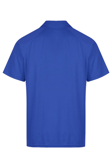 A blue polo shirt with a collar and short sleeves, featuring a logo. The view is from the back.