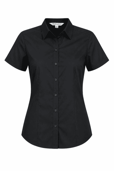 A black button-up shirt with short sleeves, featuring a fitted design and a collar. It has a logo on it.