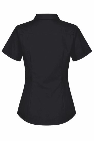 A short-sleeved black button-up shirt with a fitted design and back details. Features a logo.