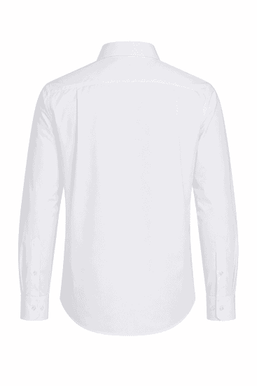 A long sleeve white button-up shirt with a collar and a back view. It features a logo on the fabric.