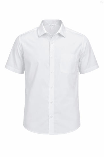A short sleeve, button-up men's shirt in white with a single chest pocket. The shirt features a logo.
