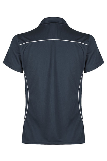 A dark grey polo shirt featuring a collar and white piping details, with a branded logo.