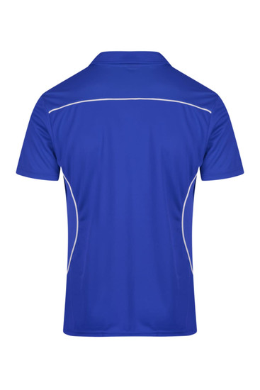 A blue men's polo shirt featuring contrasting white piping and a brand logo on the back.
