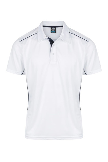 A white men's polo shirt with black accents and a collar, featuring a branding logo.