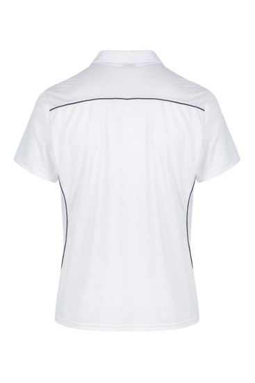 A white men's polo shirt featuring a simple design with contrasting piping and a logo.