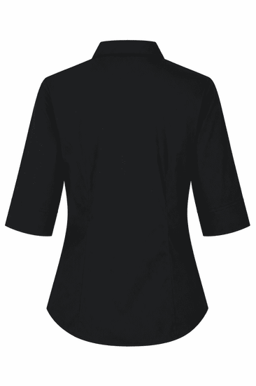 A black button-up shirt with 3/4 sleeves, featuring a classic collar and fitted design. Includes a logo.