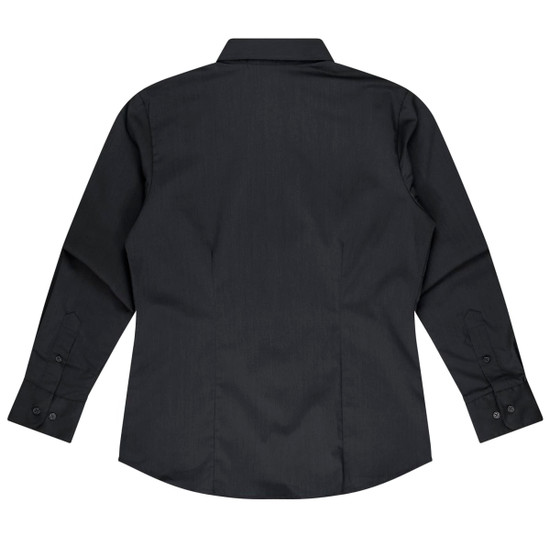 A black long sleeve button-up shirt with a fitted back and cuffed sleeves, featuring a logo.
