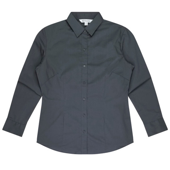 A long-sleeve button-up shirt in dark grey with a collar and a logo.