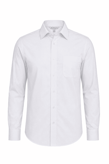 A long-sleeve button-up shirt in white with a pocket and a collar. It features a logo brand.