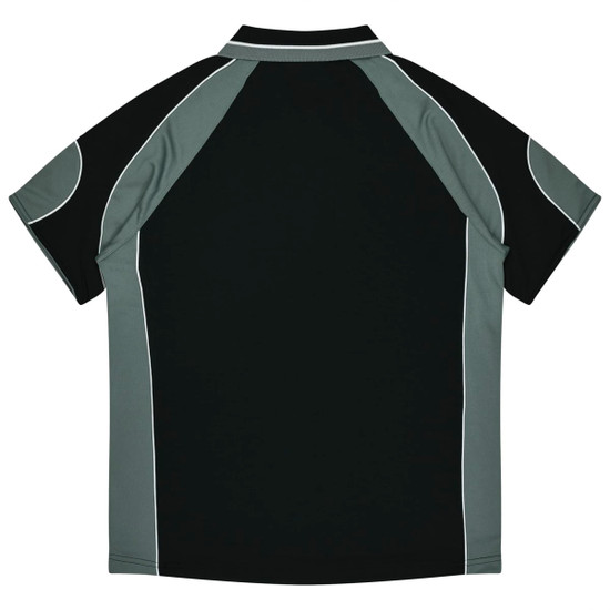 A black polo shirt with grey accents and piping, featuring a collar and short sleeves.