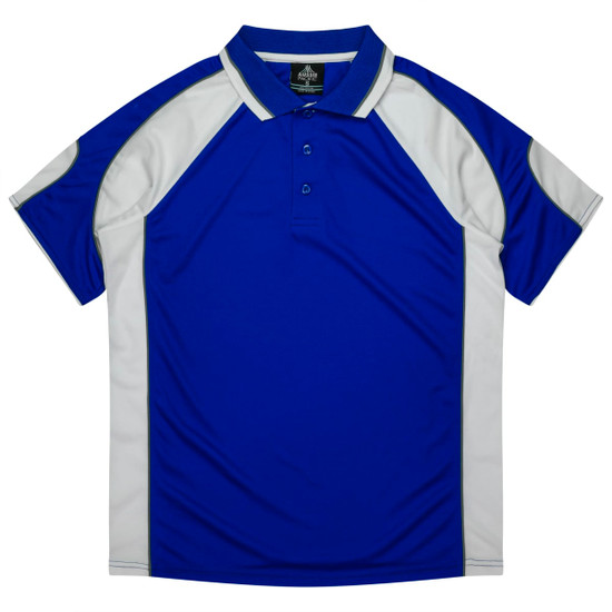 A blue and white polo shirt with a collar and a logo, featuring a sporty design and short sleeves.