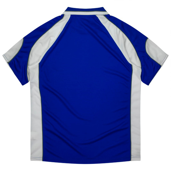 A blue polo shirt with grey accents, featuring a back view and a logo on the fabric.