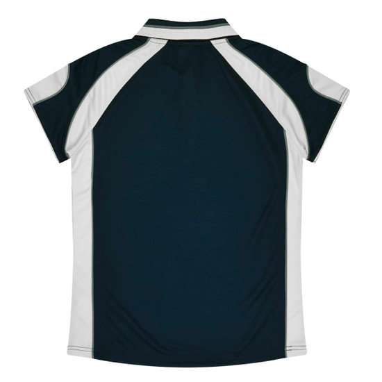 A dark green polo shirt with white accents, featuring a collar and short sleeves, and a small logo on the side.