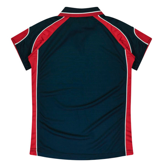 A navy and red polo shirt featuring short sleeves and a stylish design, with a logo present.