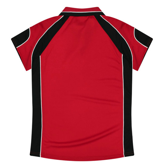A red polo shirt with black accents and white piping, featuring a collar and short sleeves.