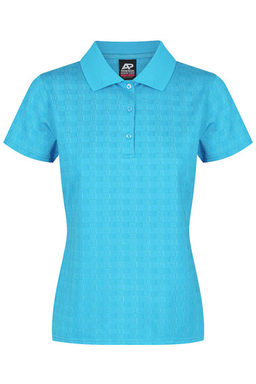 A women's polo shirt in aqua blue with a textured pattern and a collar. It features buttons and has a logo.