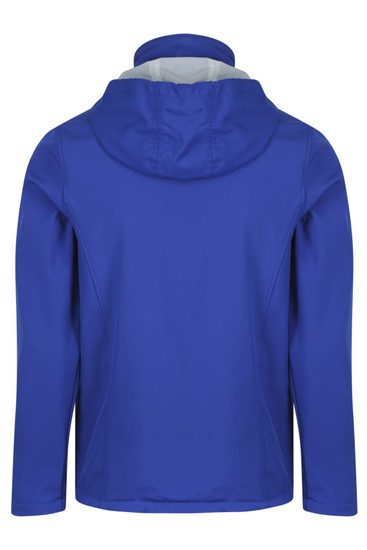 A blue children's jacket featuring a hood, designed with a smooth exterior and an interior lining.