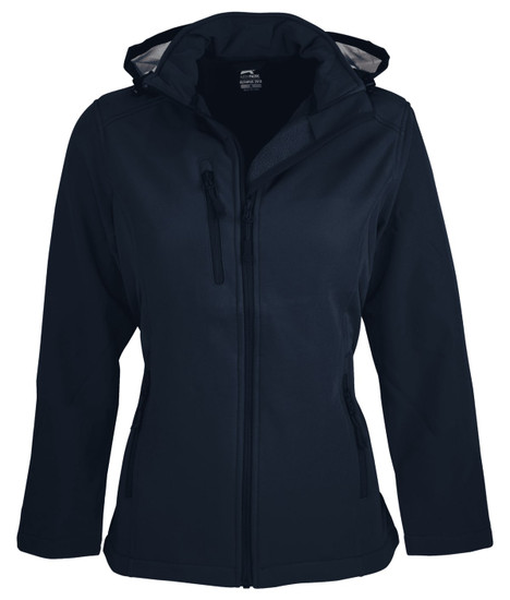 A navy blue soft shell jacket with a hood and zippered pockets, featuring a logo on the front.