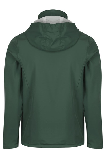 A green jacket with a hood, featuring a clean design and a light-coloured interior. It includes a logo on the back.