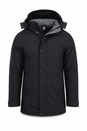 A black jacket with a hood and grey lining, featuring buttons and a logo on the chest.