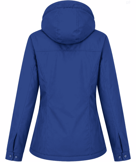 A blue women's jacket with a hood, featuring a fitted design and side openings, includes a logo on the back.