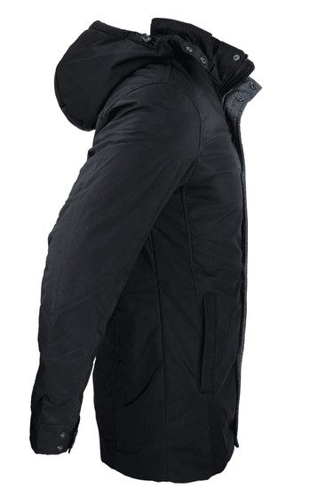 A black jacket with a hood, featuring a side view and detailing on the sleeves. It has a logo.