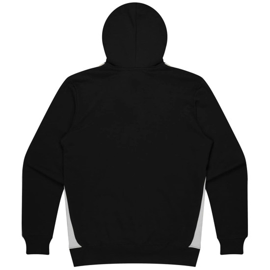 A black hoodie featuring a simple design with grey side panels and a hood. It has a branding logo.