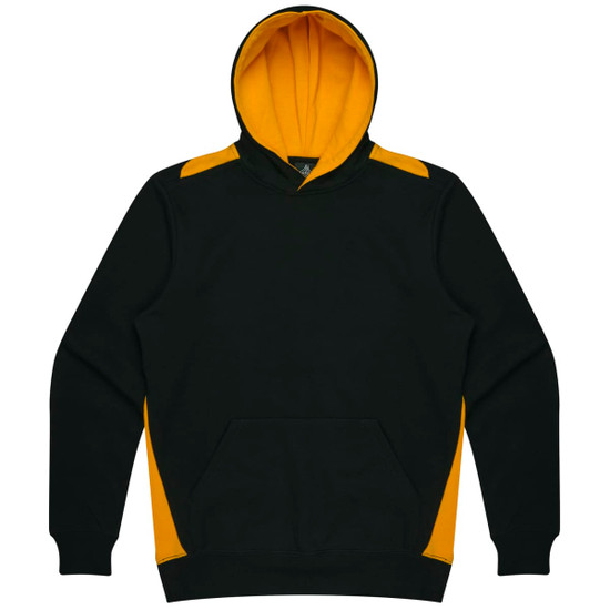 A green hoodie with yellow accents and a front pocket, featuring a hood and a logo.