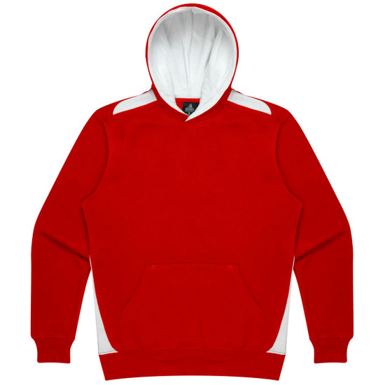 A red hoodie with a white hood and side accents, featuring a front pocket and a logo.
