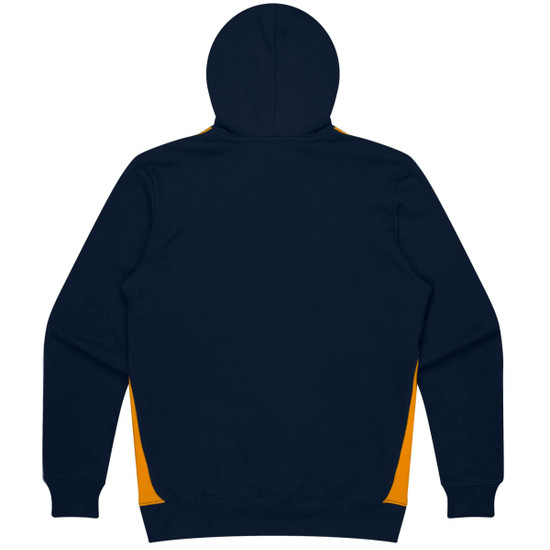 A navy hoodie with yellow side panels, featuring a hood and a simple design. It has a logo on it.