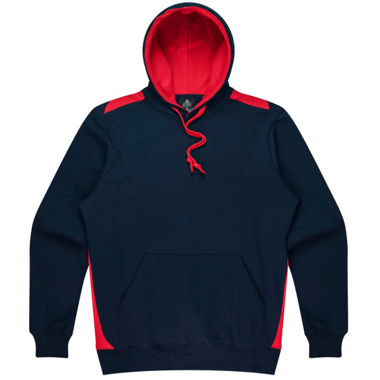A navy blue hoodie with red accents and a front pocket, featuring a hood and drawstring, with a logo.