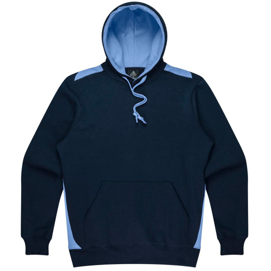 A navy blue hoodie with light blue accents, featuring a pouch pocket and a drawstring hood. It has a logo.