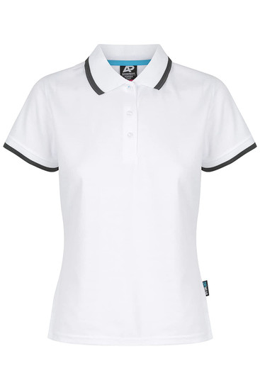 A white polo shirt featuring short sleeves and contrasting trim, with a logo on the front.