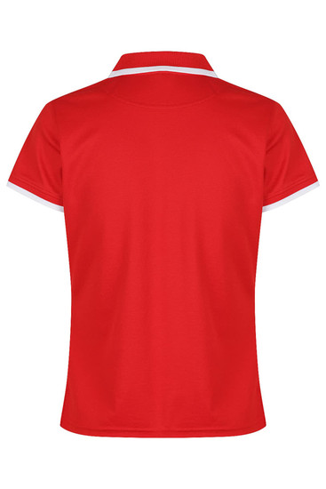 A red polo shirt with a white collar and sleeve detailing, featuring a logo on the front.