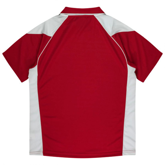 A polo shirt in maroon with white accents, featuring a collar and short sleeves, presented in a back view.