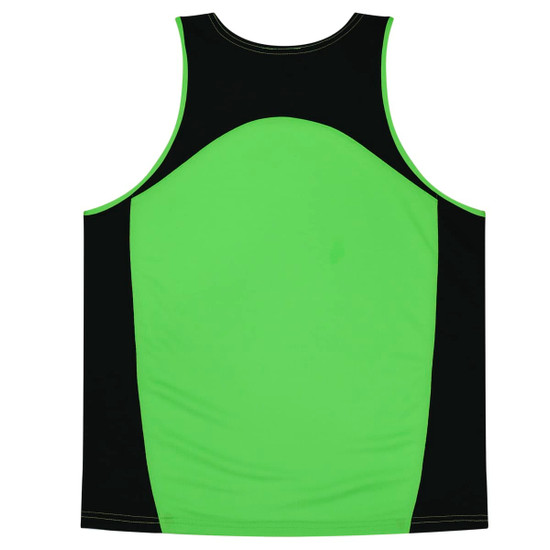 A green and black singlet with a sporty design, featuring a logo on the back.