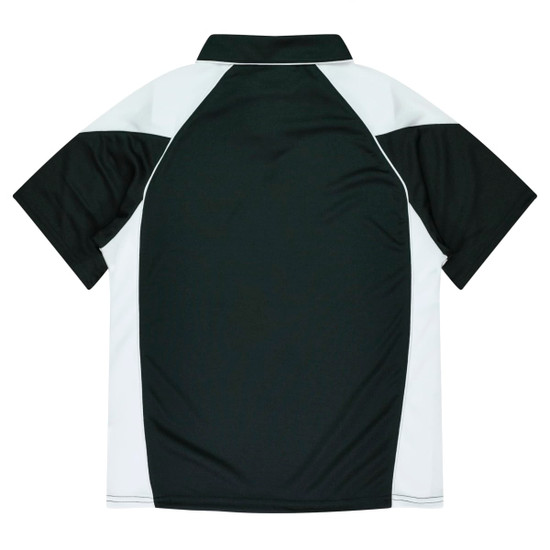 A polo shirt featuring a black body with white accents, including a classic collar and short sleeves.