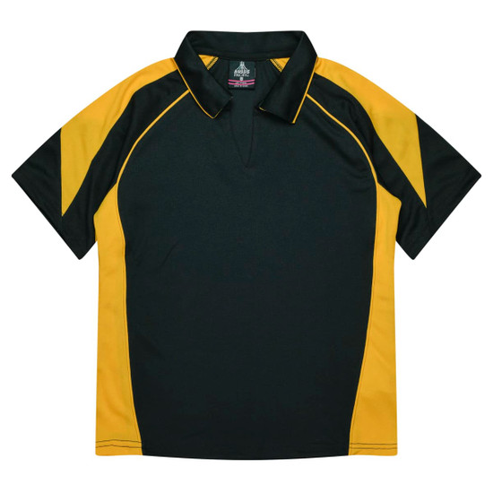 A polo shirt featuring green and yellow panels, with a collar and short sleeves, and a logo on the front.