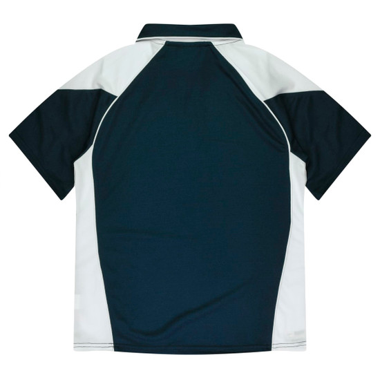 A navy and white polo shirt featuring a sporty design and a logo on the chest.
