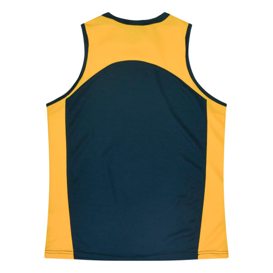 A sleeveless singlet in yellow and dark green, featuring a logo on the back.