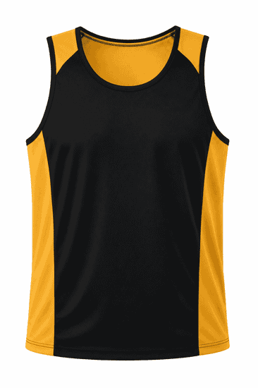 A black and yellow men's singlet featuring a sporty design and a logo on the front.