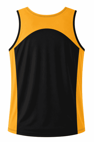A men's singlet featuring a vibrant yellow front with a black back and contrasting black details. It has a logo.