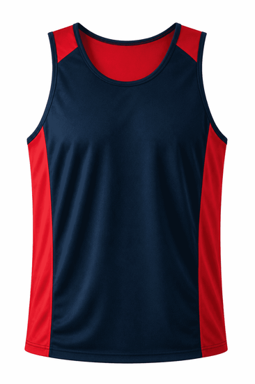 A navy blue and red singlet featuring a logo, designed for men's active wear.