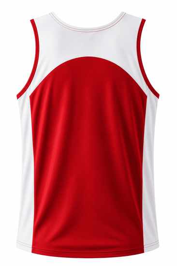 A red and white men's singlet with a round design on the back and a logo on the front.