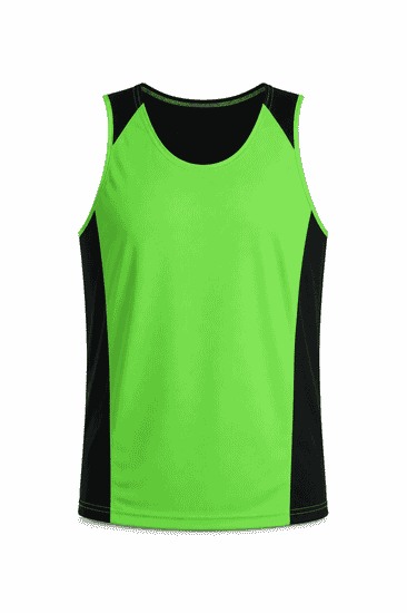 A bright green singlet with black side panels, featuring a simple design and a branding logo.