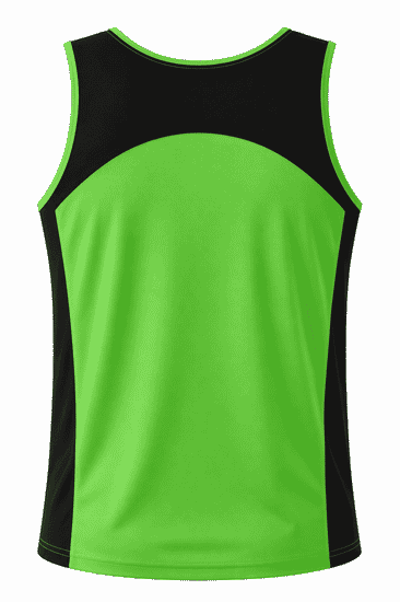 A bright green singlet with black accents on the shoulders and back, featuring a logo.