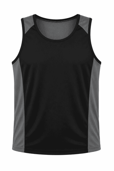 A black singlet with grey sides and a mesh design. It features a logo on the front.