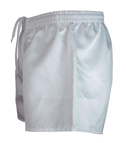 Men's rugby shorts in light grey with a drawstring waist and smooth fabric. Features a logo on the side.